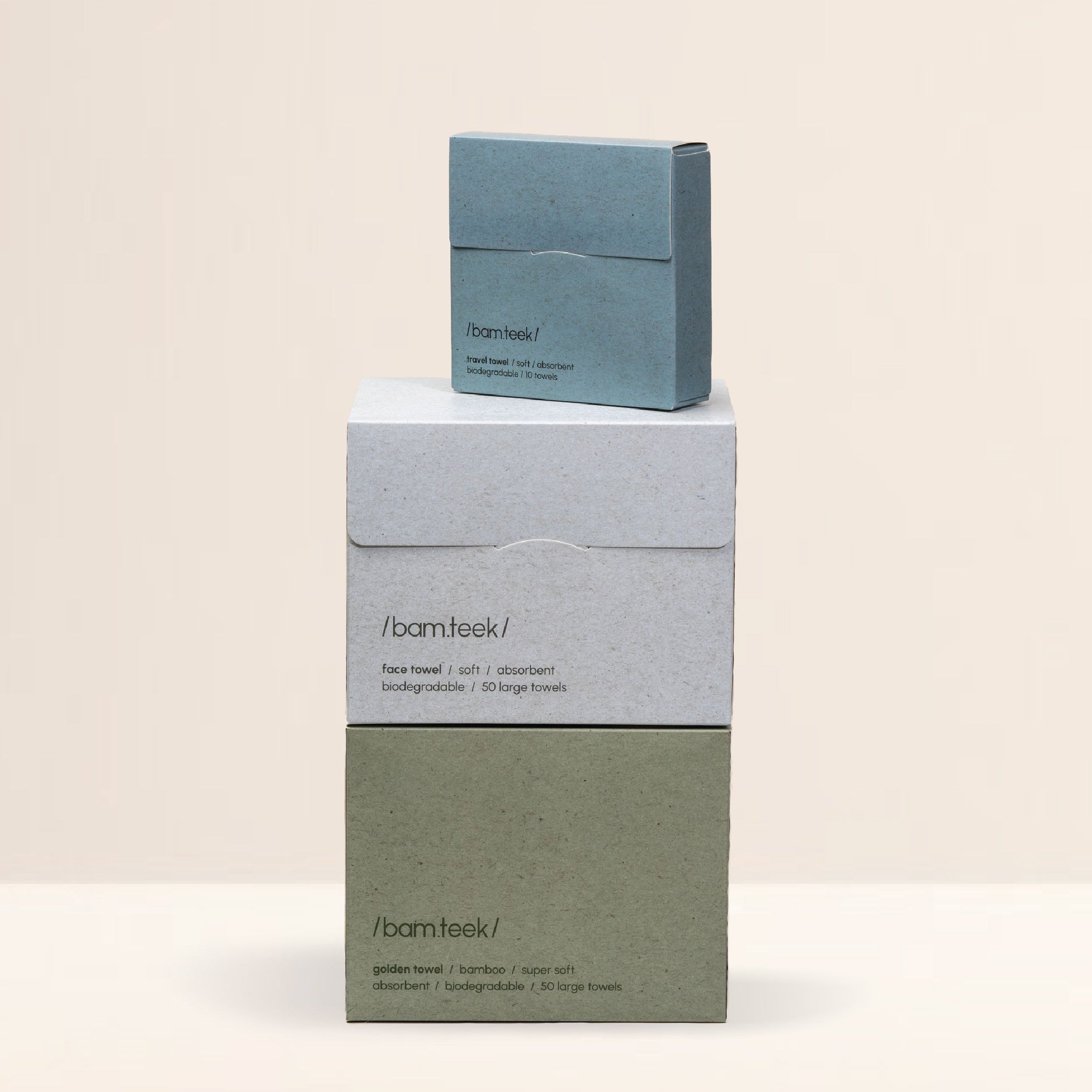 Bamteek Discovery Pack with stacked boxes featuring face towels in eco-friendly packaging.