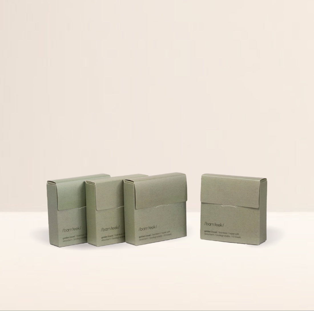 Golden Travel Bundle - eco-friendly packaging for sensitive skincare by Bamteek, featuring bamboo fiber towels.