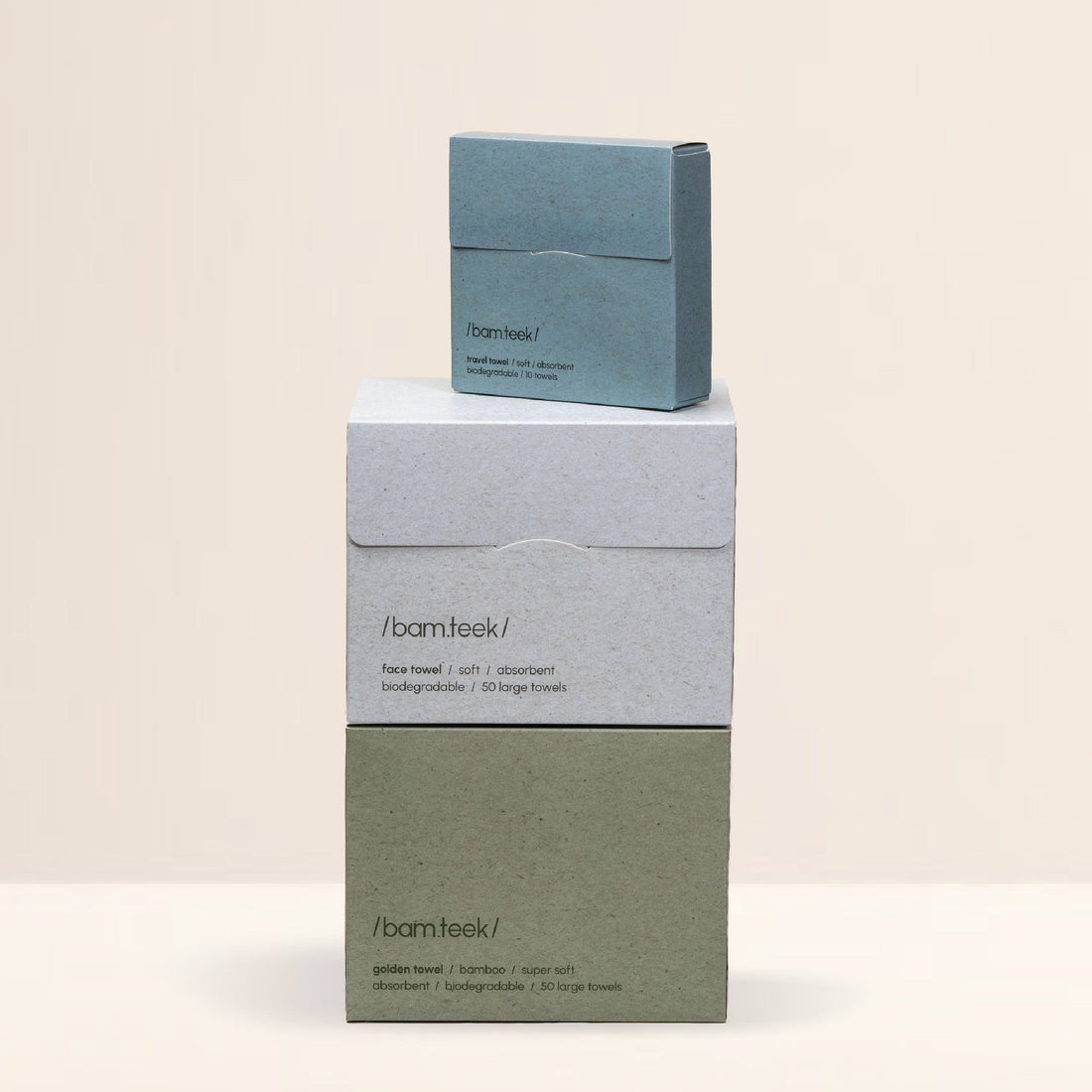Bamteek Discovery Pack with stacked boxes featuring face towels in eco-friendly packaging.